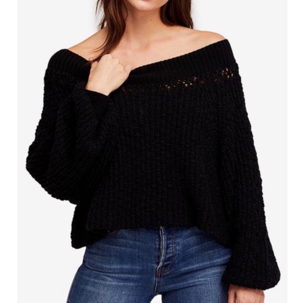Free People Womens Sweater Blue Bell Scoop Neck Black Knit Oversized Pullover S